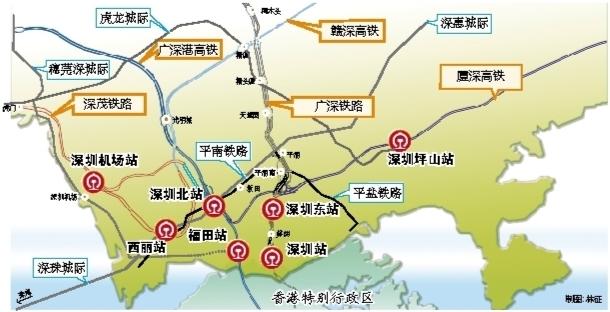 "两主三辅"变为"三主四辅"根据最新的规划,深圳铁路客运车站布局也从