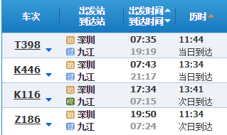 从深圳站到九江站,搭乘t398/k446/z186/k116次列车,用时11～13小时.