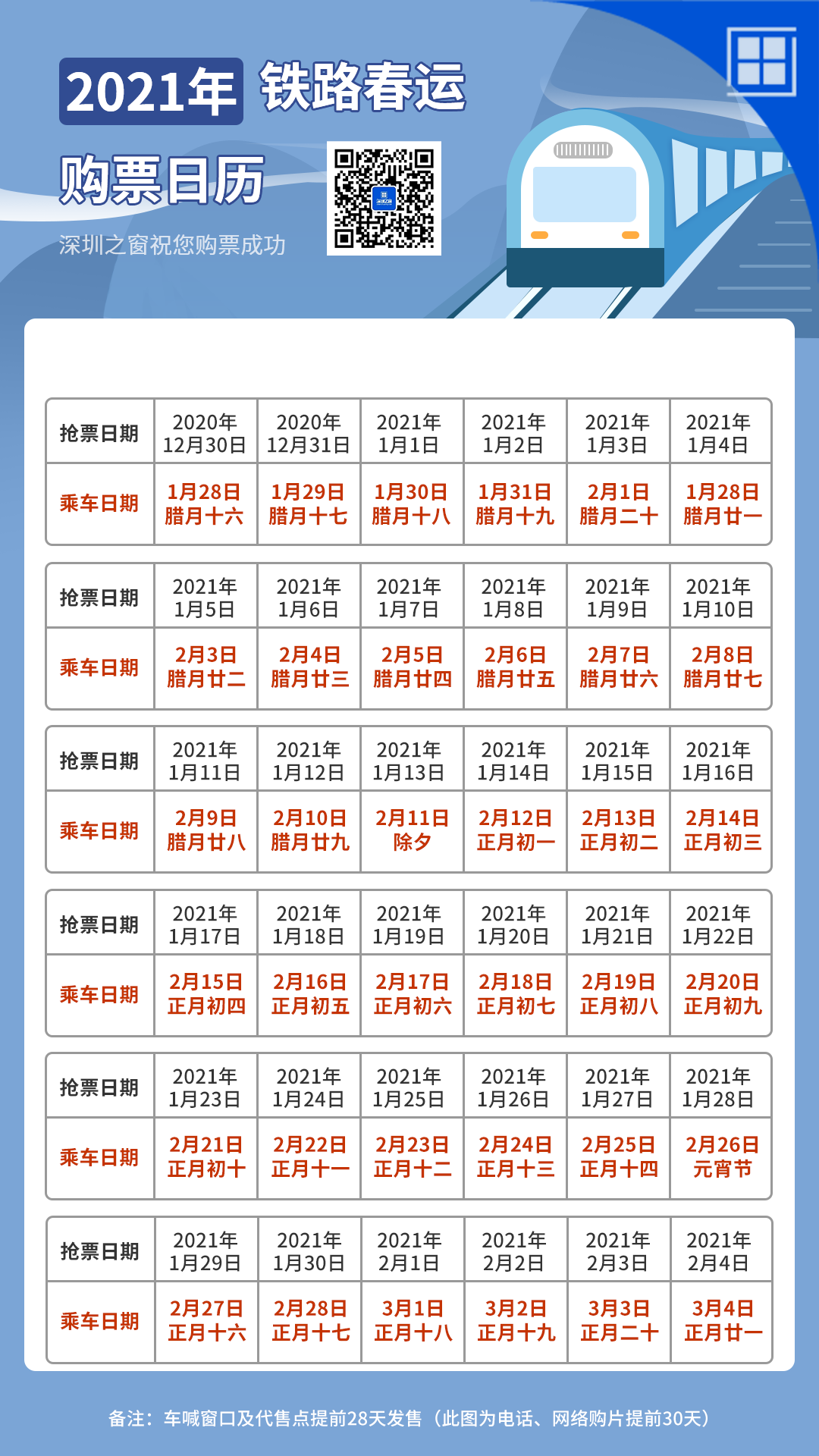 2021年春运火车票购票日历