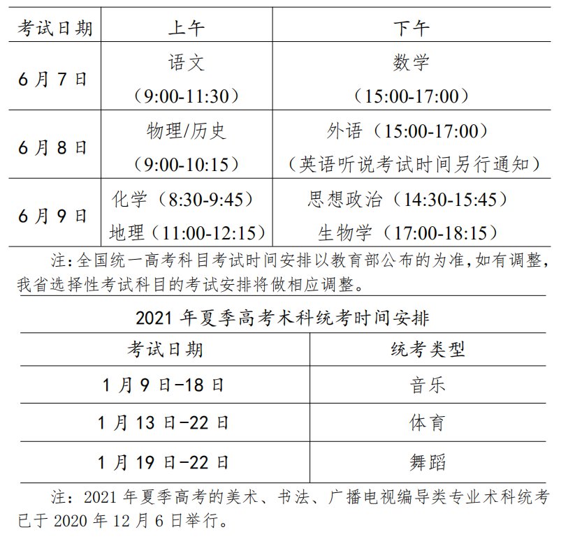 2021年广东高考具体时间表