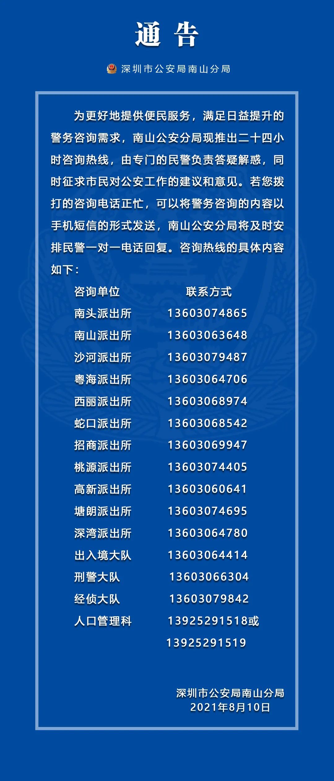 2021年南山派出所24小时警务咨询电话一览
