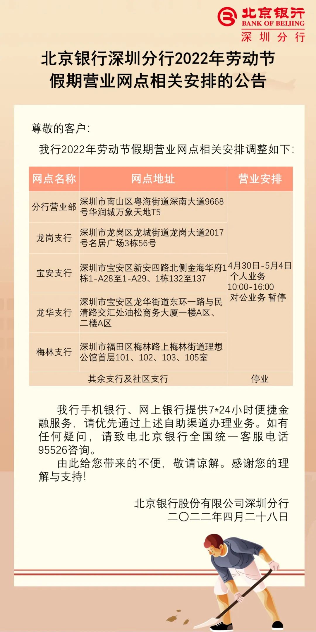 北京银行深圳分行2022年劳动节假期营业网点相关安排