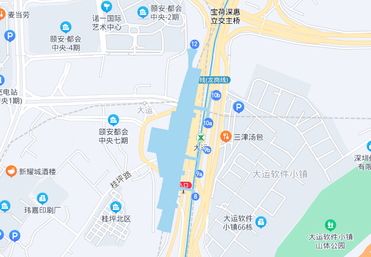 大运枢纽站位于龙岗大道与龙飞大道交叉路口西南侧,14,16号线位于龙岗